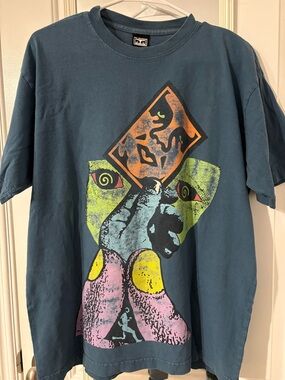 Obey Graphic Hand & Mask Tee in Teal with Neon Print